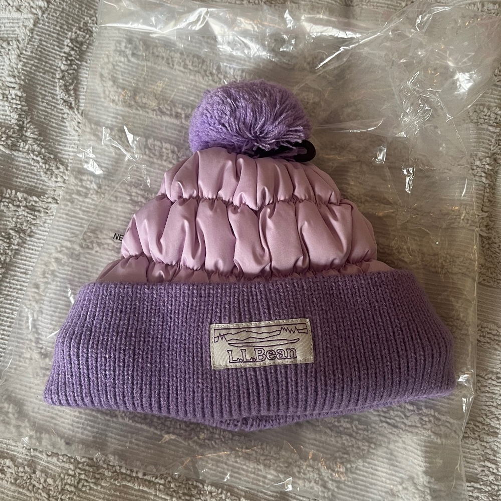 LL Bean Kids Puffer PomPom beanie NWT